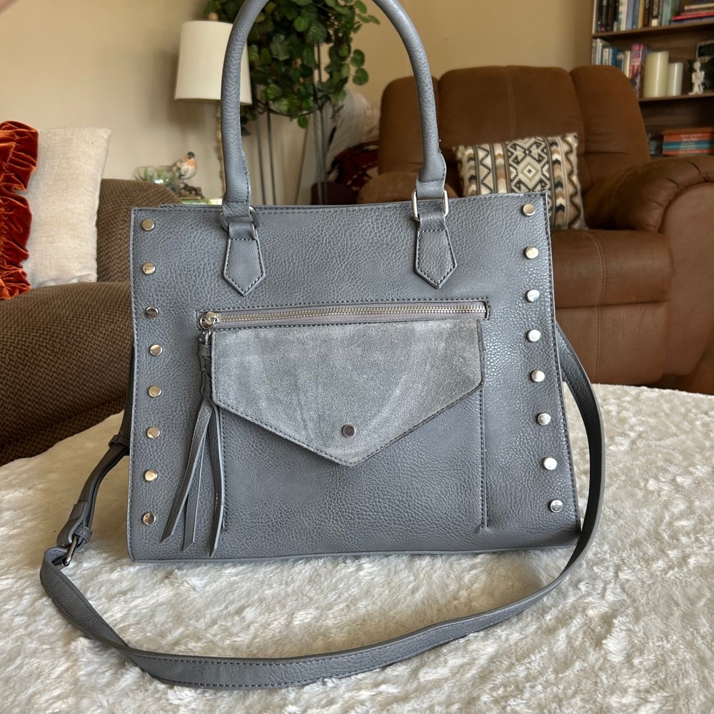 Madison West Bag Large Gray Faux Leather Studded Crossbody Handbag Purse